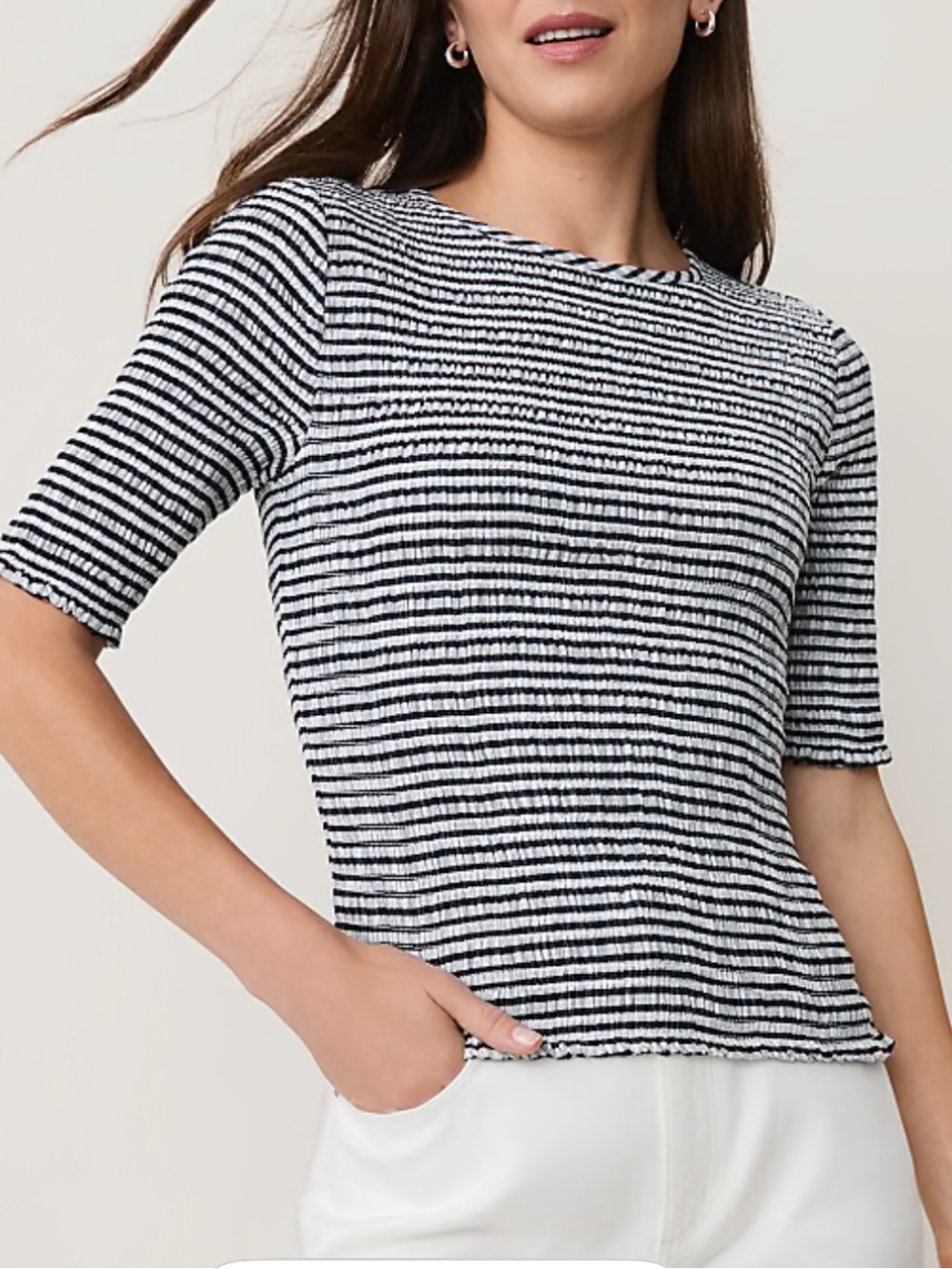 Ann Taylor gingham smocked ruffle elastic Short-Sleeve Rib Knit Top